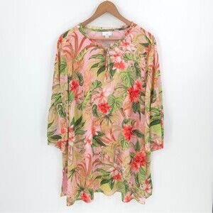 J.jill Floral Tunic Top Tassels 3/4 Bell Sleeves Ribbed Chiffon Pink Blouse 2X